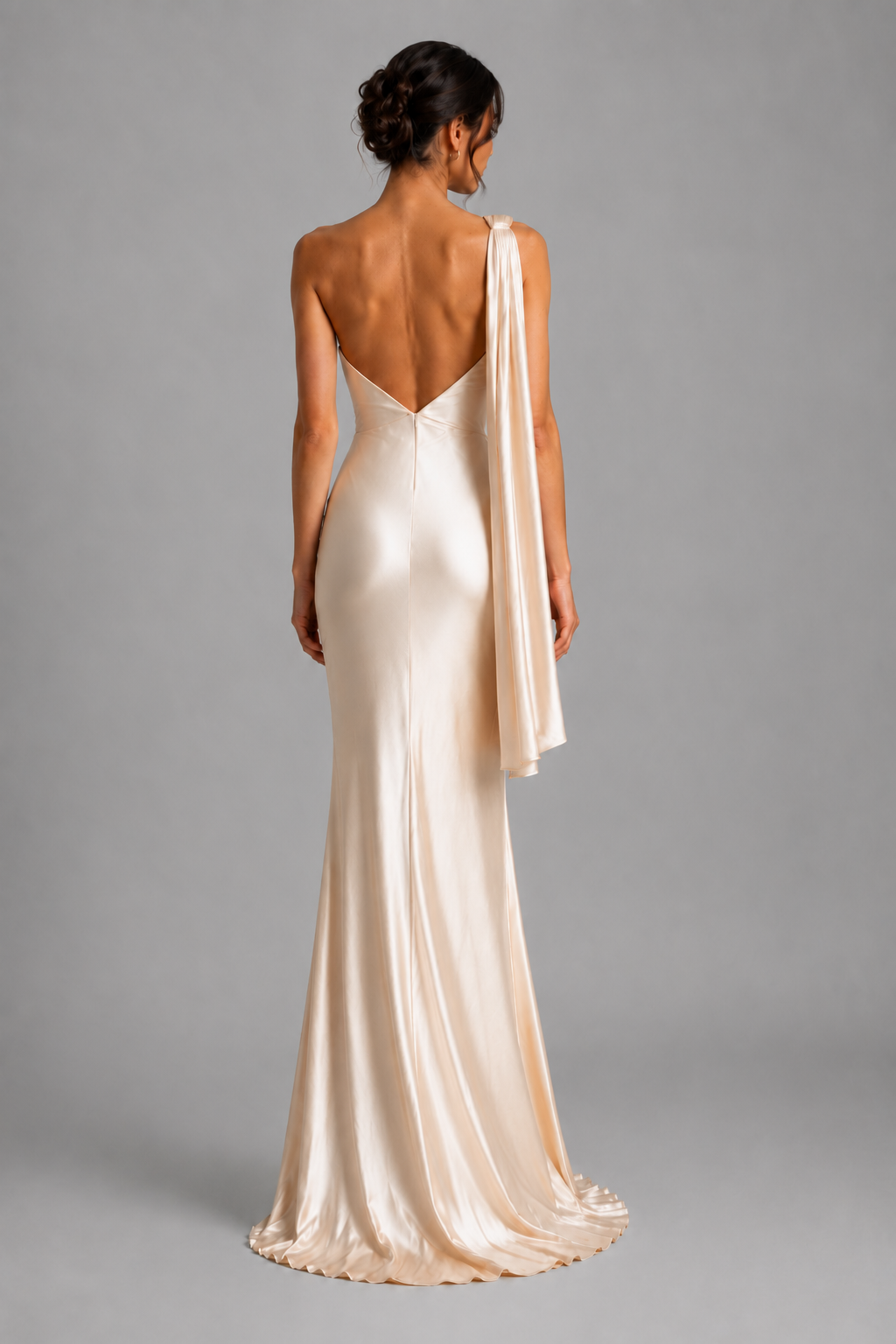 ATHENA champagne satin gown — full back view with open back and sweeping train