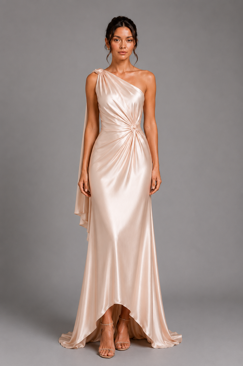 ATHENA champagne one shoulder satin gown — front view with draped cape sleeve and twist-knot waist