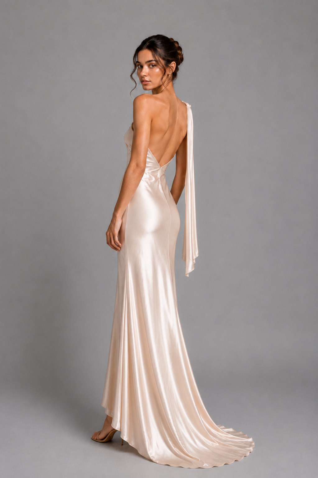 ATHENA champagne satin gown — back view over shoulder, open back with draped sleeve and train