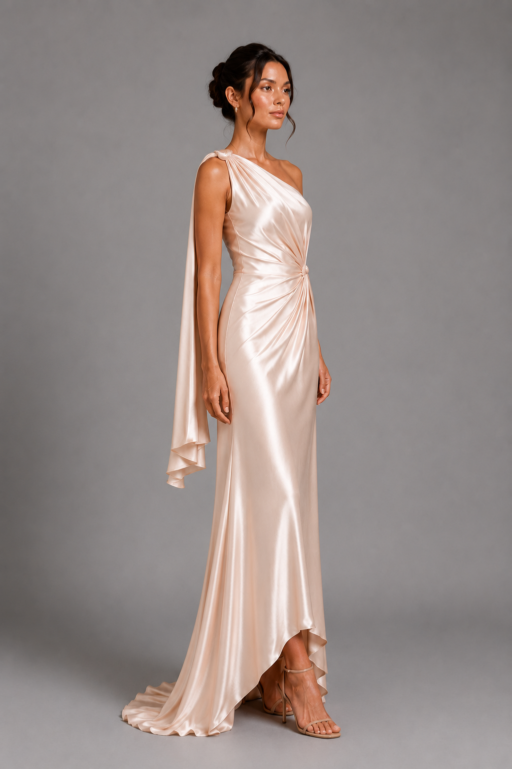 ATHENA champagne one shoulder gown — side front view with cascading cape sleeve and high-low hem