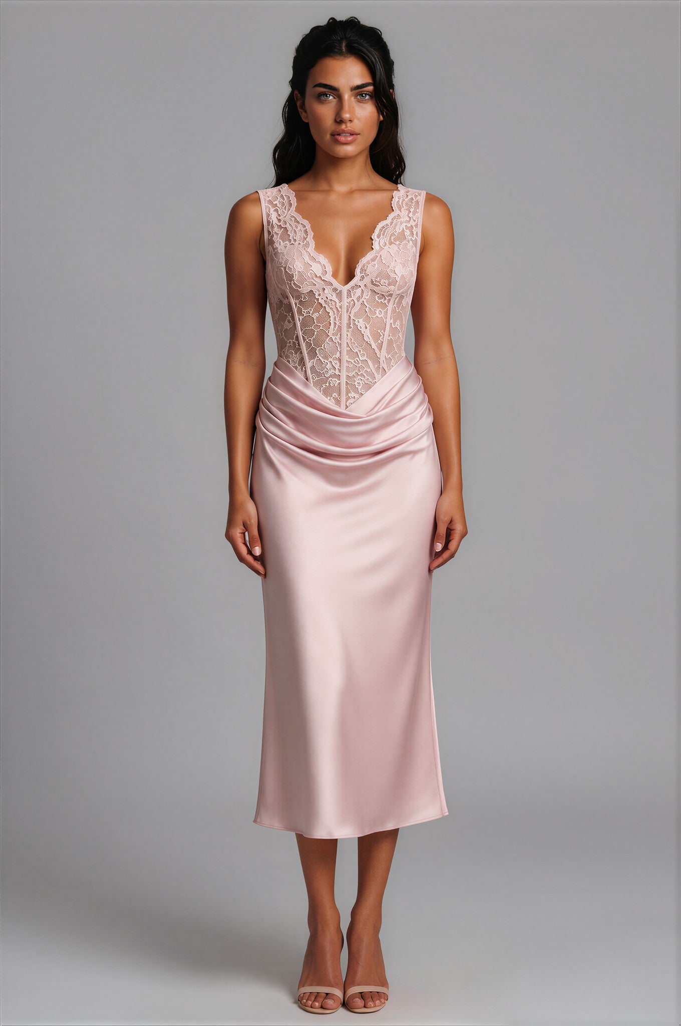 CAMILLE blush pink midi dress — front view, sheer floral lace bodice and draped satin skirt