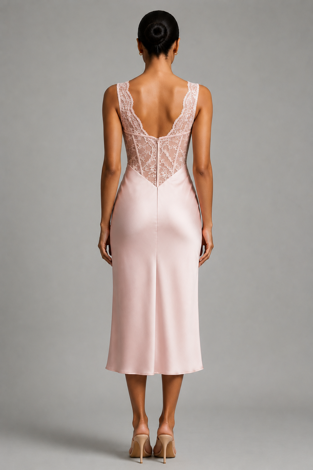 CAMILLE blush pink midi dress — back view, scalloped lace open back and satin skirt