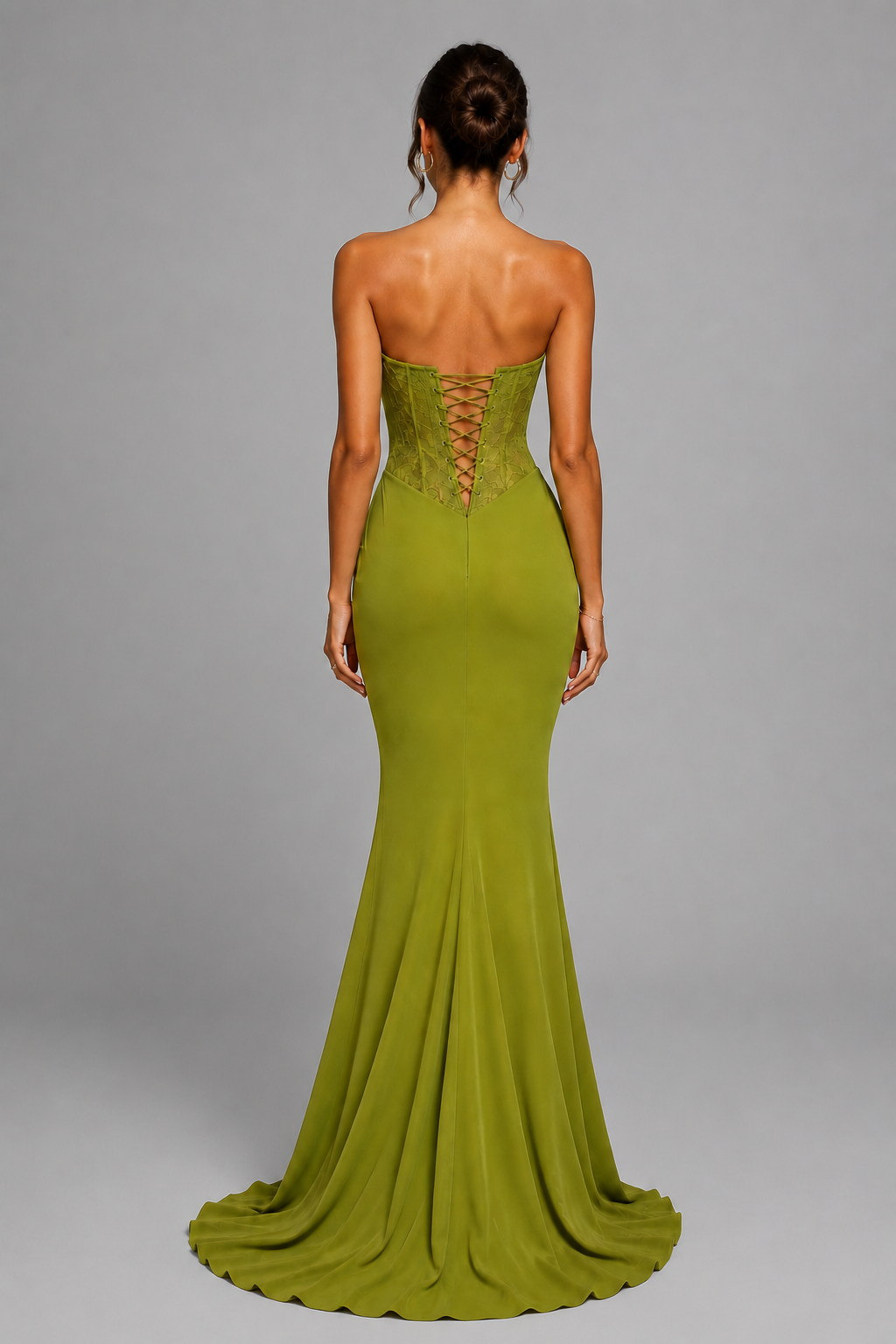 OTTILIE olive green gown — back view with lace-up corset detailing and mermaid train