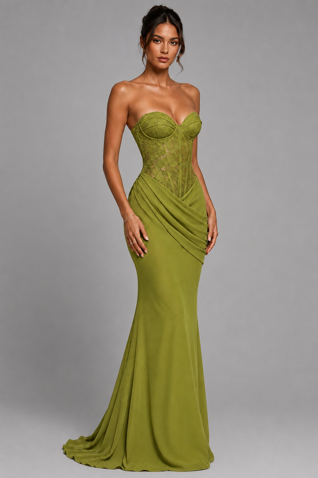 OTTILIE olive green corset gown — front view, strapless sweetheart lace bodice and draped mermaid skirt