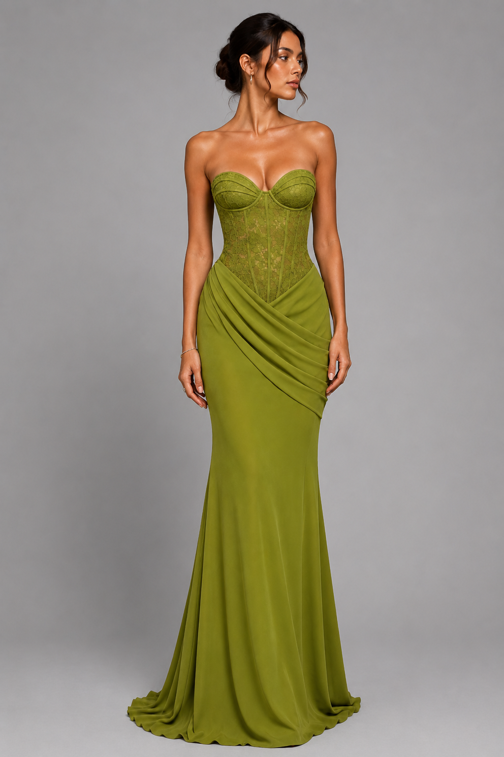 OTTILIE olive green lace corset evening gown — full-length front view