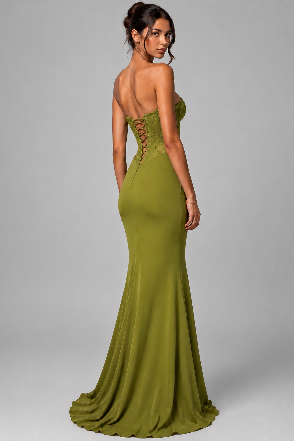 OTTILIE olive green mermaid gown — side back view with lace-up corset back and train