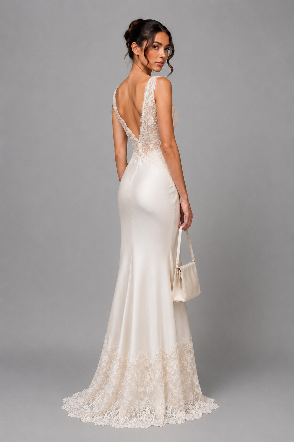 SYLVIE ivory wedding gown — back view with deep lace V-back and slight train