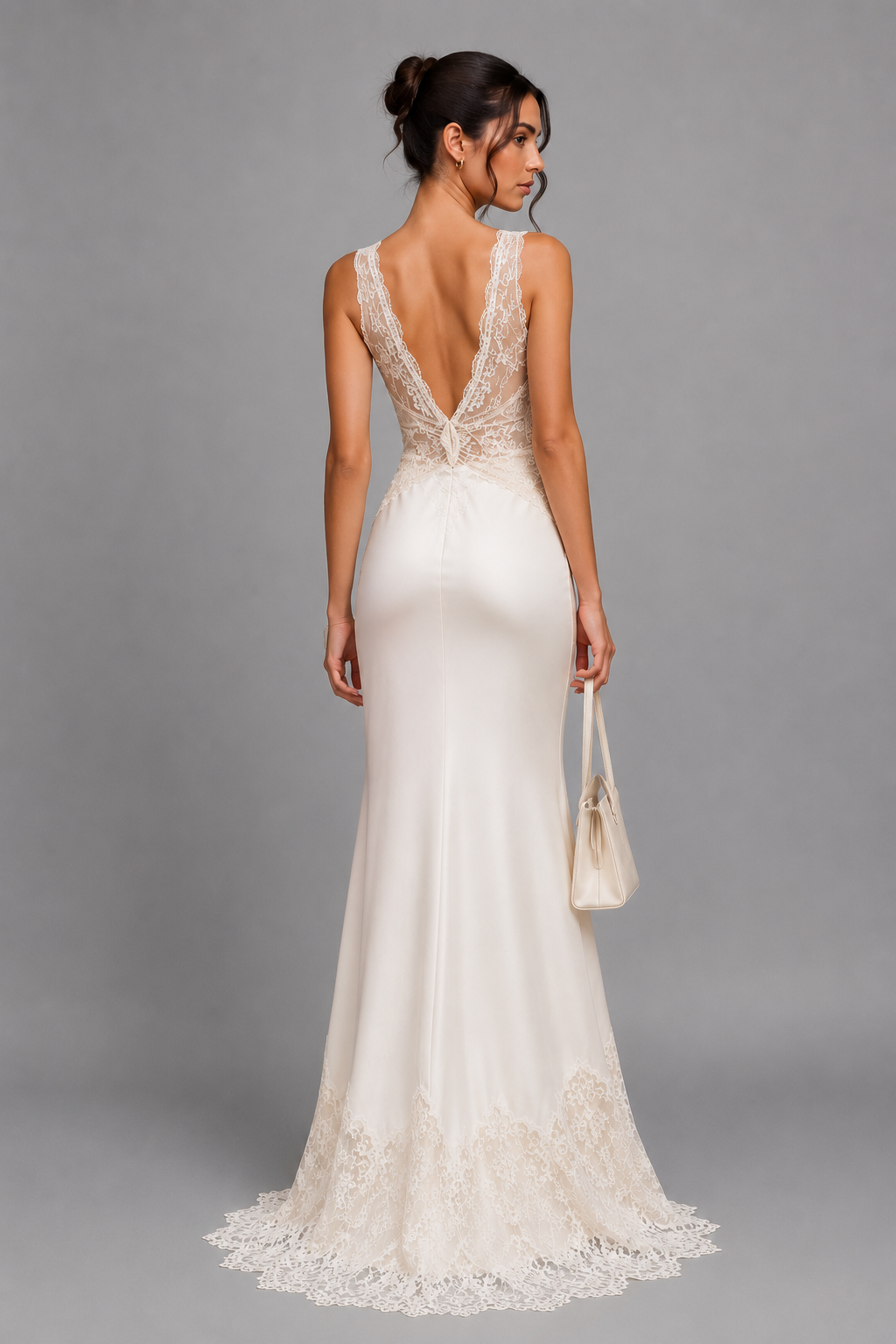 SYLVIE bridal gown — back view, lace V-back detail and scalloped lace hem