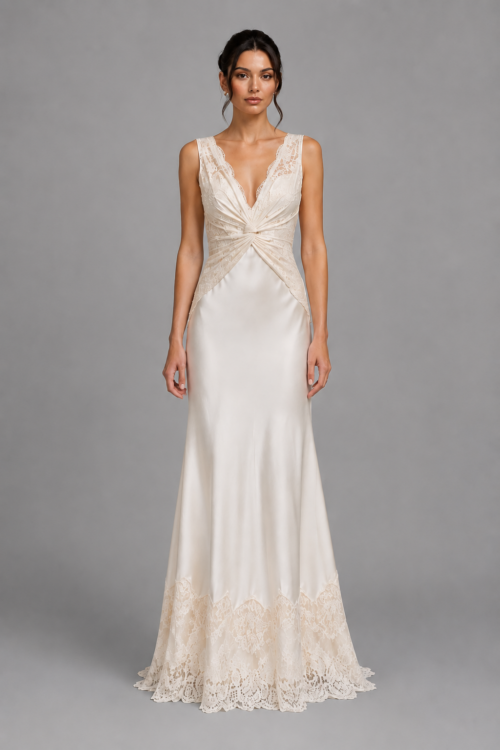 SYLVIE ivory satin wedding gown — front view, twisted V-neck bodice and lace-trimmed hem