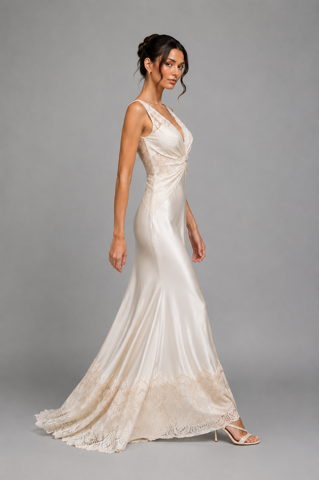 SYLVIE ivory satin and lace wedding gown — side view, full length with train